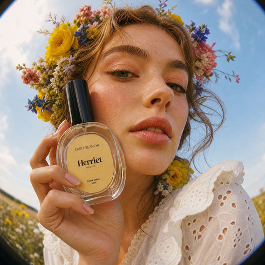 Woman holding a room spray bottle with a floral background and flowers in her hair