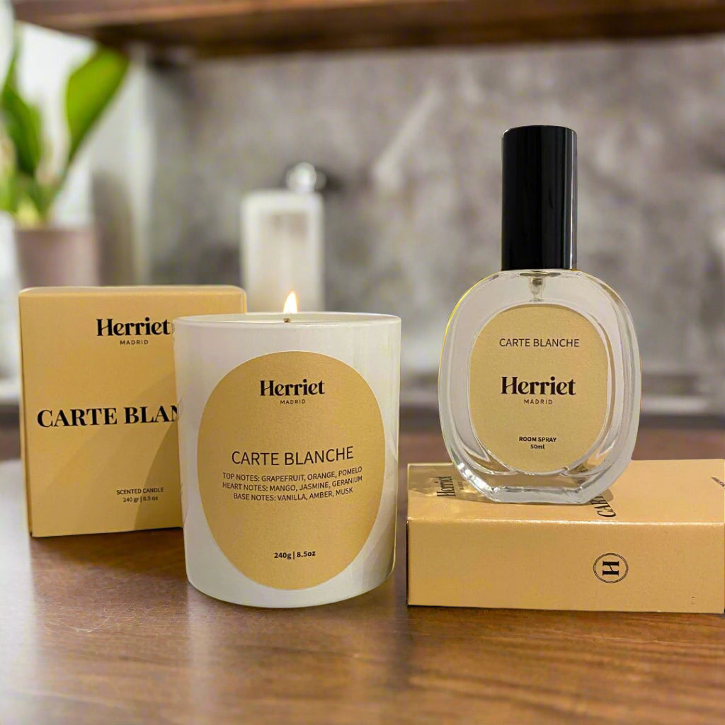 Dúo vela aromatica y ambientador carte blanche de herriet. Perfecto para regalar