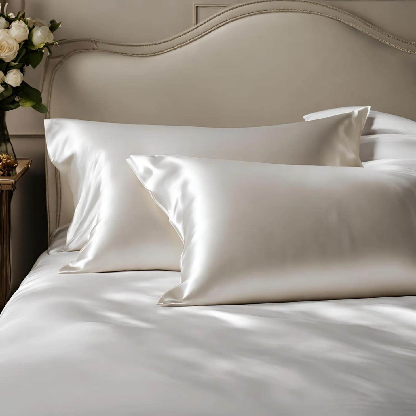 cama blanca y beige con fundas de almohada de seda en color blanco - herriet