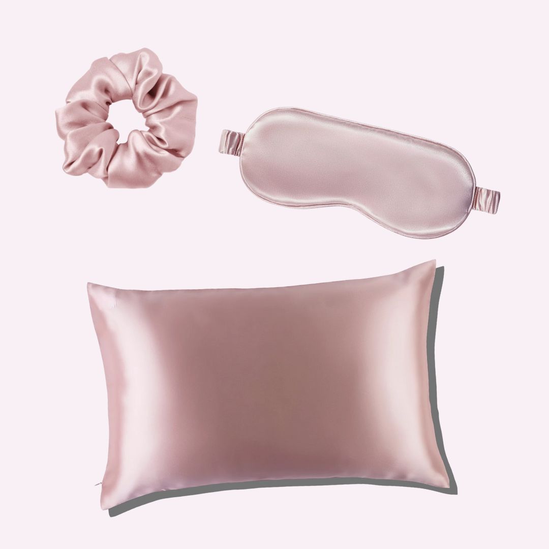 rose quartz silk pillowcase with matching sleep mask and scrunchie from herriet