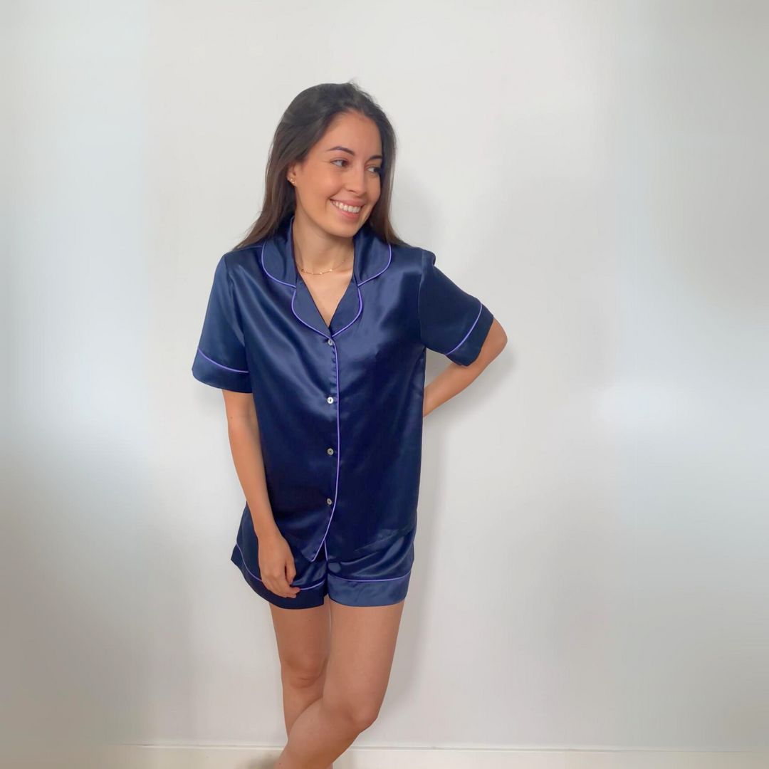 Olivia Short Silk Pyjama Set - Navy