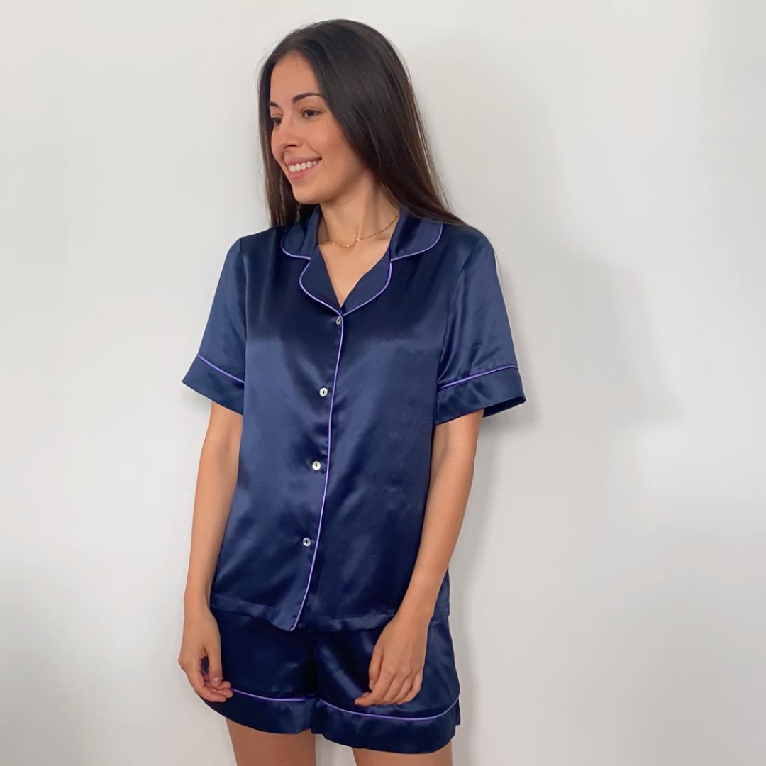 Olivia Short Silk Pyjama Set - Navy