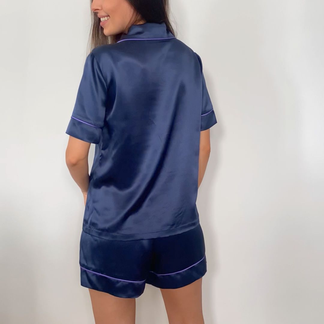 Olivia Short Silk Pyjama Set - Navy