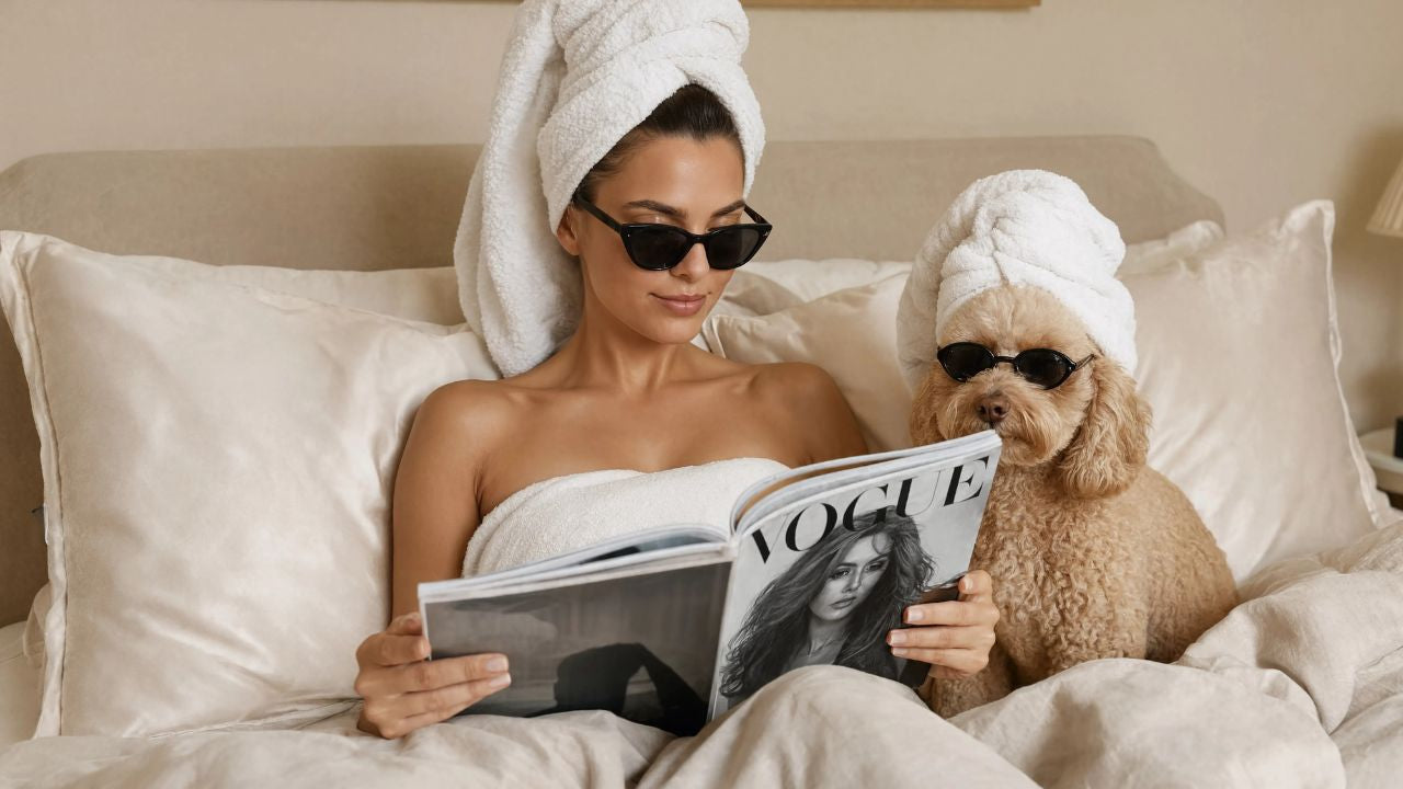 A woman and her dog relax in bed on a beige bed with white pillows and covers. The woman has a white towel wrapped around her body and head, and the dog has a white towel on its head. They are using luxury silk pillowcases.