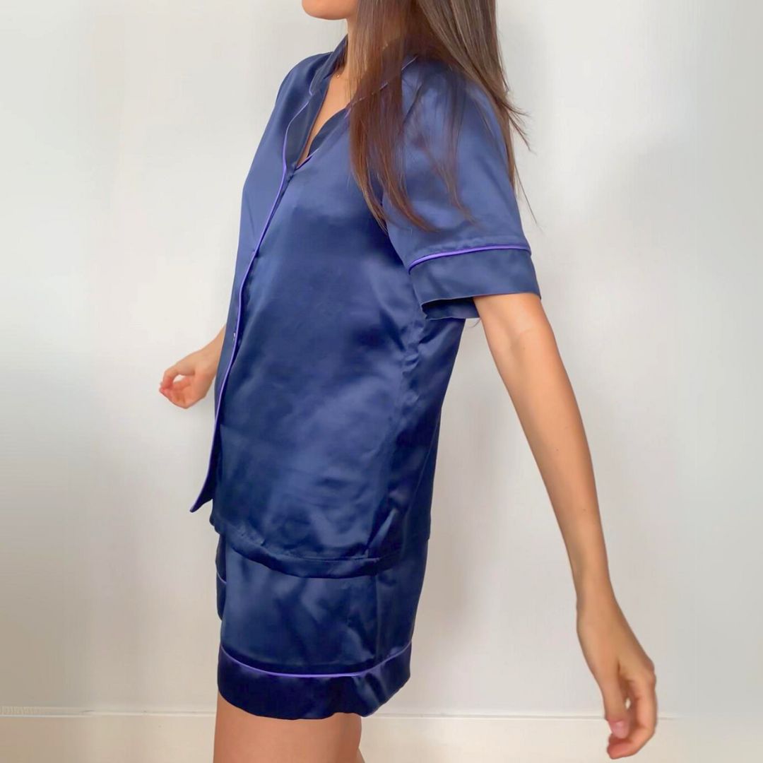 Olivia Short Silk Pyjama Set - Navy